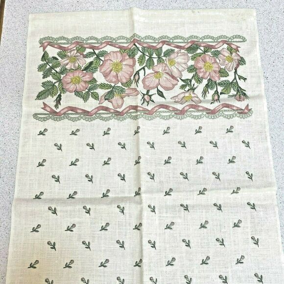 Vintage 1990's linen tea towel unsigned 26" x 16" retro floral flowers motif - Picture 2 of 4
